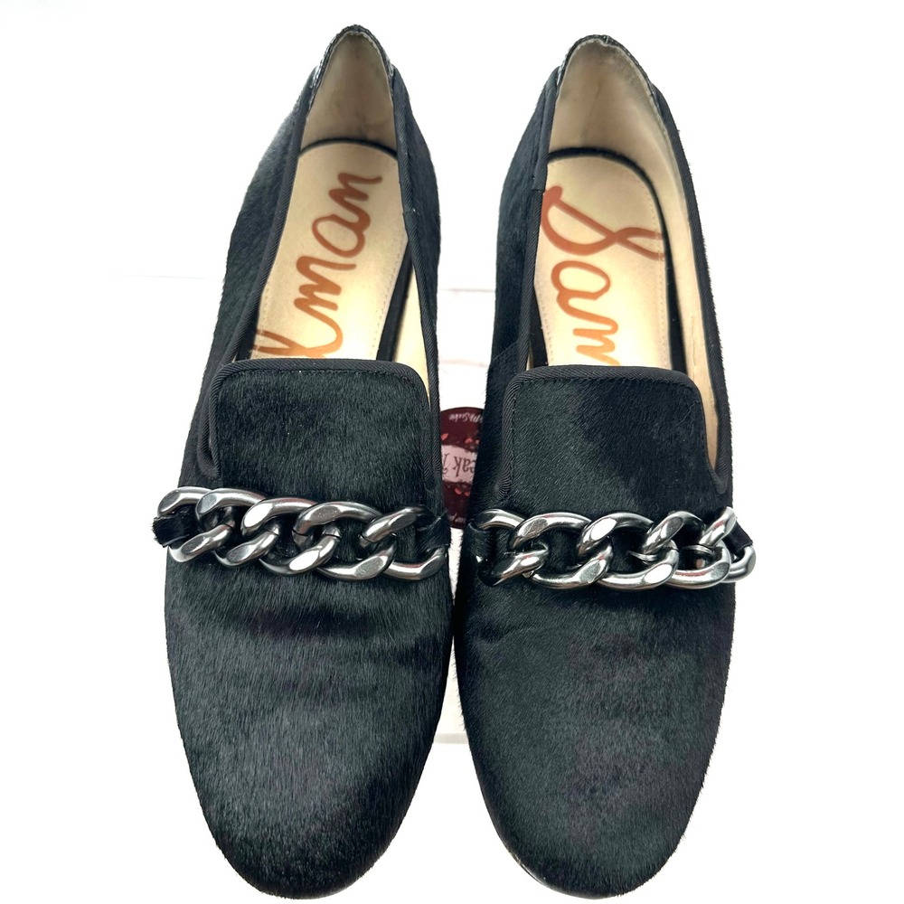 Sam Edelman Kollins Black Calf Hair Chain Loafer Slip On Flat Shoes Women SZ 8.5